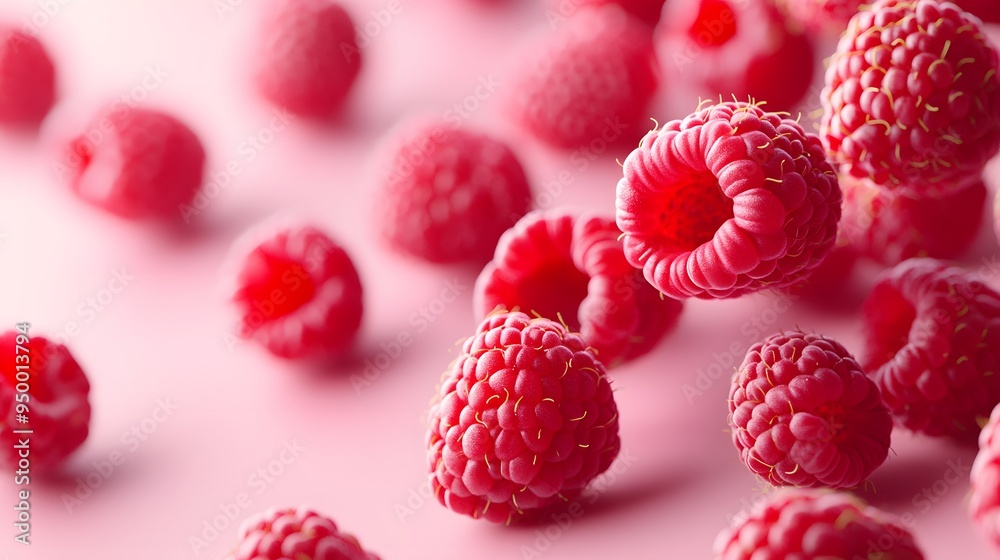 Fresh ripe raspberries on soft pink background, macro photography, vibrant red fruit, crisp details, shallow depth of field, floating berries, food photography.
