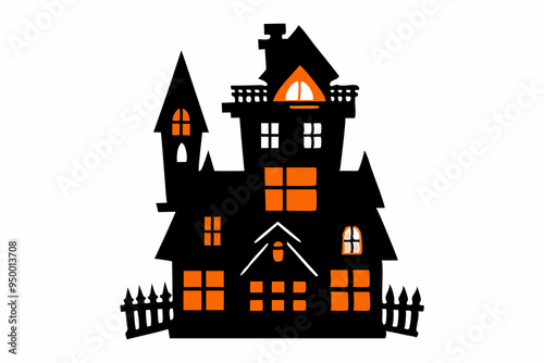 Wallpaper Mural Black silhouette of a haunted house with glowing windows isolated on a white background. Concept of Halloween, spooky mansion, ghost house, minimalist style. Print, design element, illustration. Torontodigital.ca