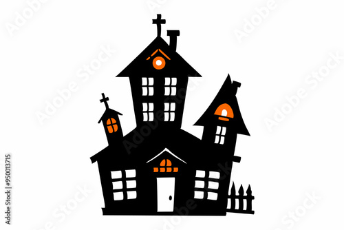 Wallpaper Mural Black silhouette of a haunted house with glowing windows isolated on a white background. Concept of Halloween, spooky mansion, ghost house, minimalist style. Print, design element, illustration. Torontodigital.ca