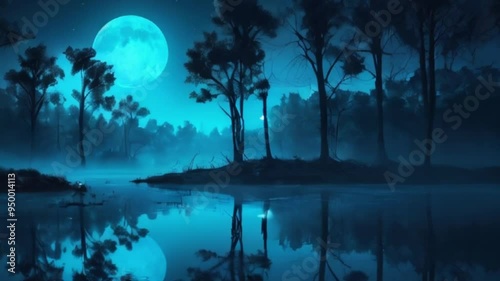 night landscape Neon blue light full moon foggy tree reflection in the water, motion