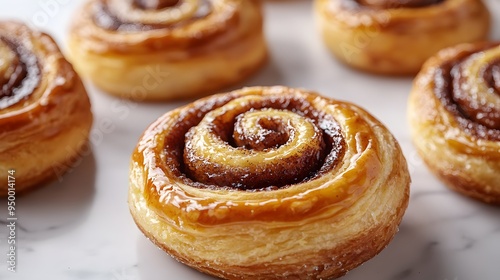 Freshly baked cinnamon rolls, golden brown swirls, flaky pastry texture, caramelized sugar glaze, white marble countertop, food photography, warm tones.