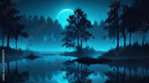 night landscape Neon blue light full moon tree silhouettes, motion