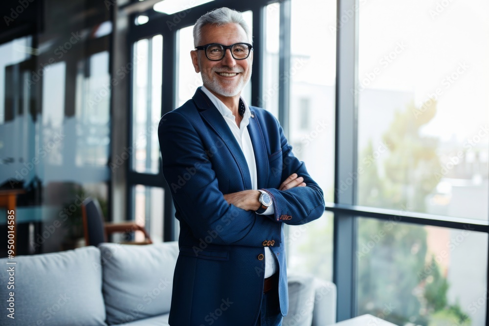 Fototapeta premium A man in a suit and glasses is smiling and standing in front of a window. He is wearing a blue jacket and a white shirt