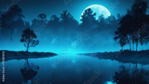 night landscape Neon blue light full moon foggy tree silhouettes, motion