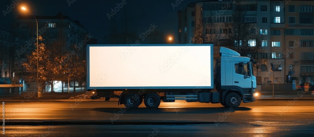 Truck with a Blank Billboard at Night in the City