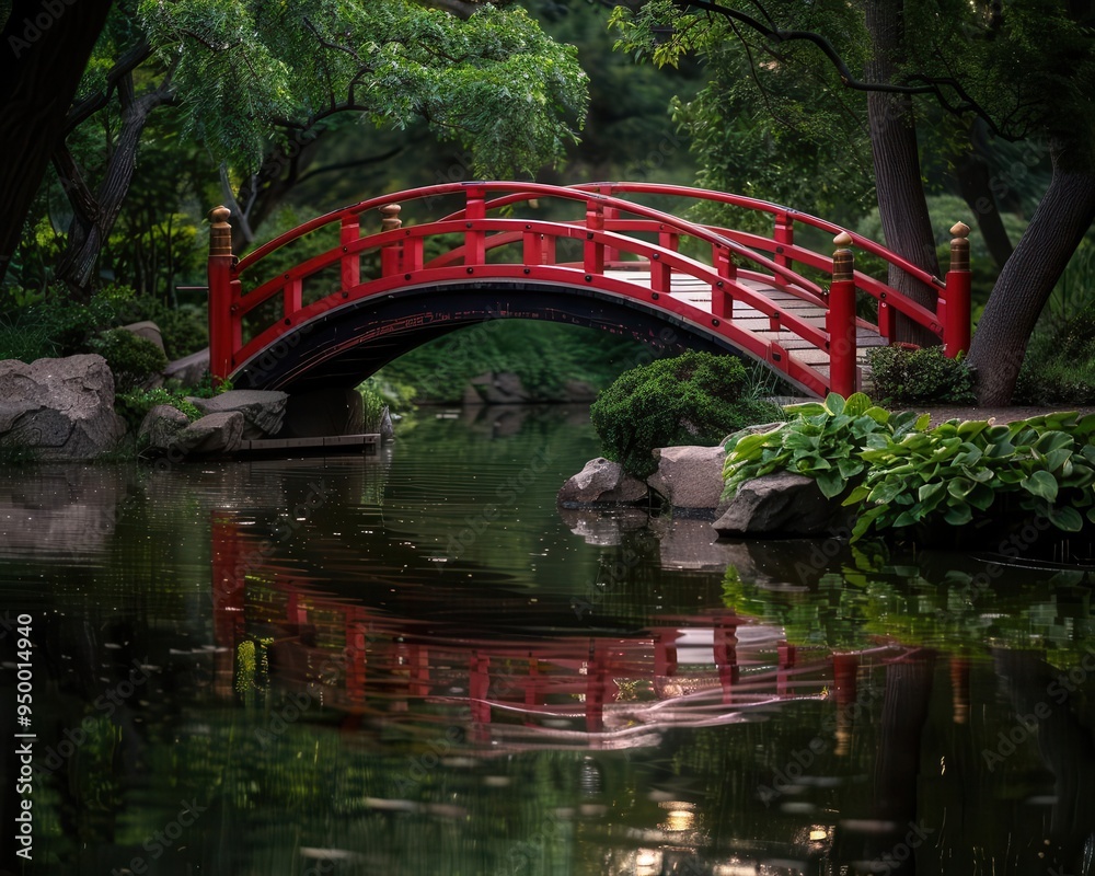 Japanese garden with a red bridge, serene and beautiful, Zen, Soft greens, Photograph, Tranquil beauty Japanese garden with a red bridge, serene and beautiful, Zen, Soft greens, Photograph, Tranquil beauty