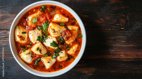 Enjoy a steaming fish stew on a rustic table with tomato sauce and parsley. Comforting and traditional, this dish evokes mediterranean flavors