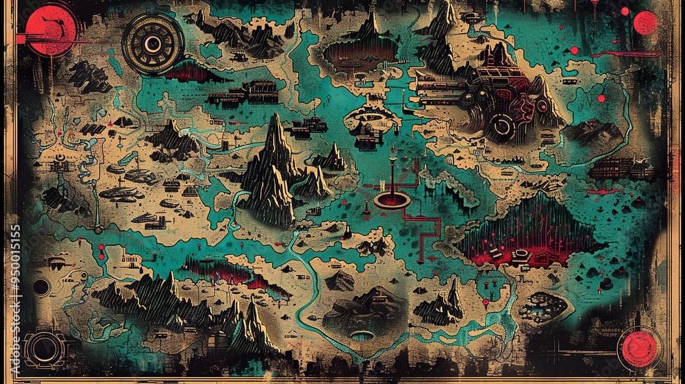 Obraz premium Retro sci-fi wall map decoration vintage cartography design
