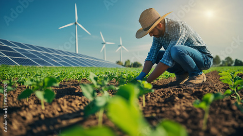Farmer tending crops in field with solar panels and wind turbines, sustainable agriculture and renewable energy concept, modern farming practices in scenic rural landscape