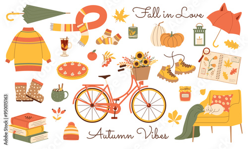 Vibrant autumn set for postcards and seasonal designs. Vector illustration for fall-themed projects, greeting cards, and festive decorations