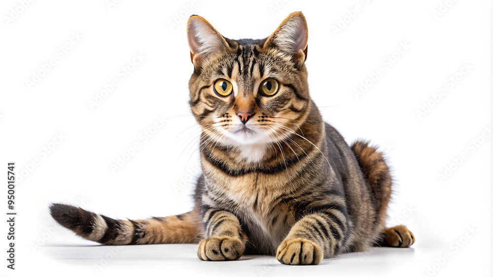Fototapeta premium Tabby Cat Lying Down and Looking Alert on White Background