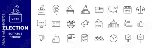 Election and voting icon set. Democracy, vote, politics concept. Lineal icon collection editable stroke vector