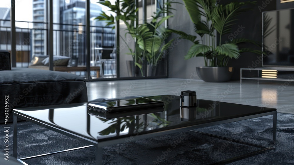 Modern living room interior with black coffee table.