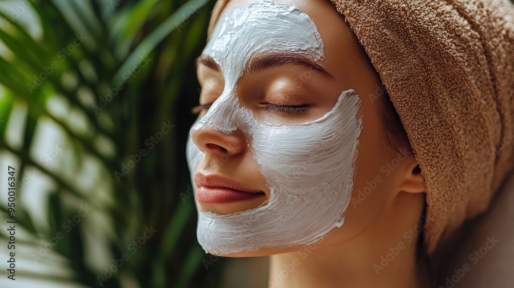 A woman applying a collagen face mask, with her skin glowing and hydrated. A woman applying a collagen face mask, with her skin glowing and hydrated.