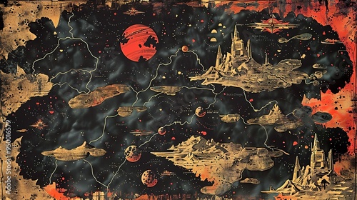 Science fiction landscape planet map space navigation cartography futuristic design