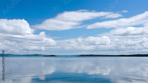 A large calm lake with clouds in the sky