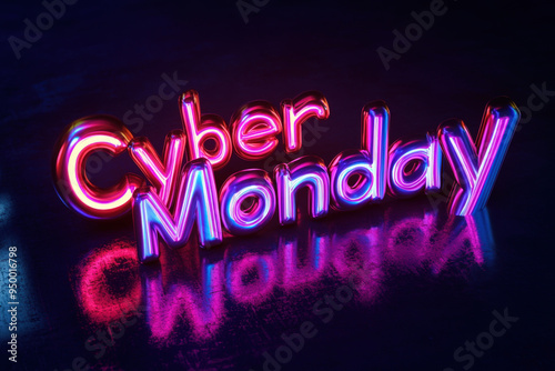 Neon cyber monday sign in pink and blue is reflecting on a polished concrete floor