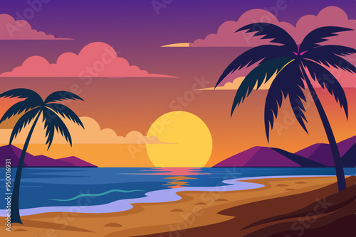 Beach Sunset Vector Art