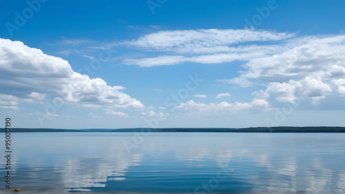 A large calm lake with clouds in the sky