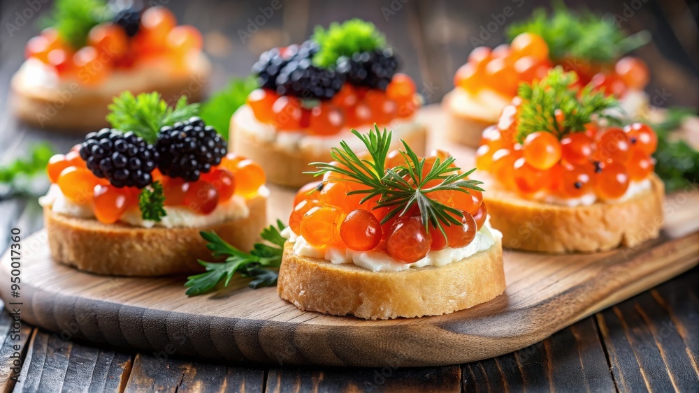 Gourmet salmon and caviar canap?s with copy space, elegant, appetizer, smoked salmon, sturgeon caviar, luxury Gourmet salmon and caviar canap?s with copy space, elegant, appetizer, smoked salmon, sturgeon caviar, luxury
