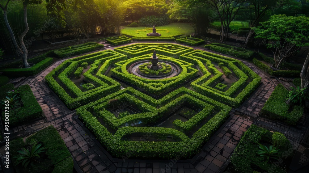 Labyrinth maze in a lush garden, intricate and challenging, Nature, Soft greens, Photograph, Puzzle scene Labyrinth maze in a lush garden, intricate and challenging, Nature, Soft greens, Photograph, Puzzle scene
