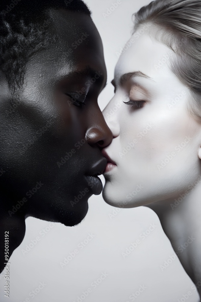 Close-up of a kissing interracial couple on a light background Close-up of a kissing interracial couple on a light background