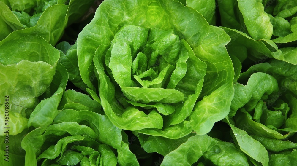 Close-up View of Fresh Green Butterhead Lettuce Leaves, Showing the Delicate Texture and Lush Green Color of This Popular Salad Green. Close-up View of Fresh Green Butterhead Lettuce Leaves, Showing the Delicate Texture and Lush Green Color of This Popular Salad Green.