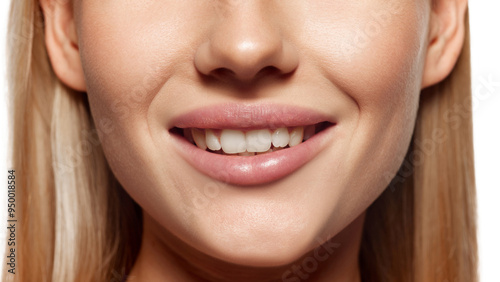 Beautiful female lips, white teeth and perfect nose. Close-up cropped image of female lower face part with well-kept skin. Concept of plastic surgery, medical cosmetology, lip augmentation