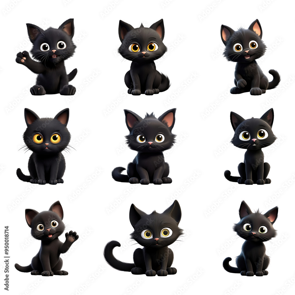 PNG 3D black cat design element set, transparent background PNG 3D black cat design element set, transparent background