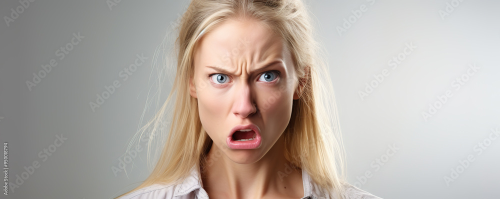 A woman expresses intense frustration with a furrowed brow and pursed lips in a neutral background during an indoor setting A woman expresses intense frustration with a furrowed brow and pursed lips in a neutral background during an indoor setting