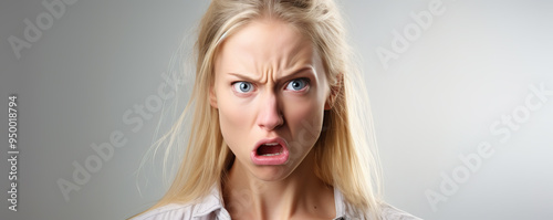 A woman expresses intense frustration with a furrowed brow and pursed lips in a neutral background during an indoor setting