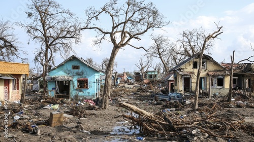 Destruction from powerful cyclone is evident in this community, with damaged homes and uprooted trees scattered across landscape.