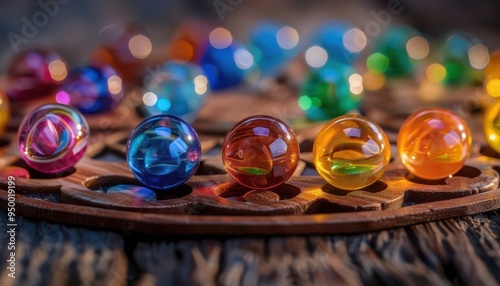 Marble game with colorful glass marbles, playful and nostalgic, Vintage, Bright colors, Photograph, Childhood fun photo