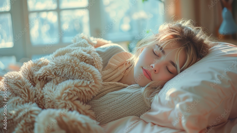 Serene Nap in Cozy Bedroom - Peaceful Hyper Realistic Image of Young Woman Resting Under Duvet in Soft Pastel Room with Natural Light Serene Nap in Cozy Bedroom - Peaceful Hyper Realistic Image of Young Woman Resting Under Duvet in Soft Pastel Room with Natural Light