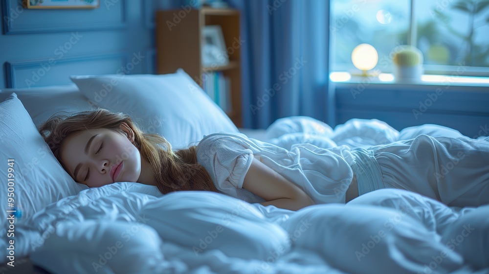 Tranquil Serenity - Hyper Realistic Image of Peaceful Woman Asleep in Minimalist Bedroom Bathed in Moonlight Tranquil Serenity - Hyper Realistic Image of Peaceful Woman Asleep in Minimalist Bedroom Bathed in Moonlight
