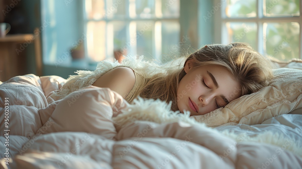 Serene Nap in Cozy Bedroom - Hyper Realistic Image of Young Woman Relaxing in Soft Pastel Colored Room with Natural Light Serene Nap in Cozy Bedroom - Hyper Realistic Image of Young Woman Relaxing in Soft Pastel Colored Room with Natural Light