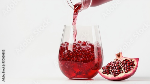 A vibrant red beverage is being poured into a glass with pomegranate seeds, next to a cut pomegranate, against a white background.