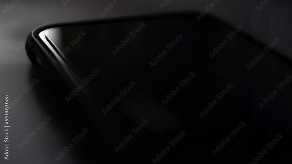 Screen of a black mobile phone lying on a dark table. Light falls over the corner of the device Screen of a black mobile phone lying on a dark table. Light falls over the corner of the device