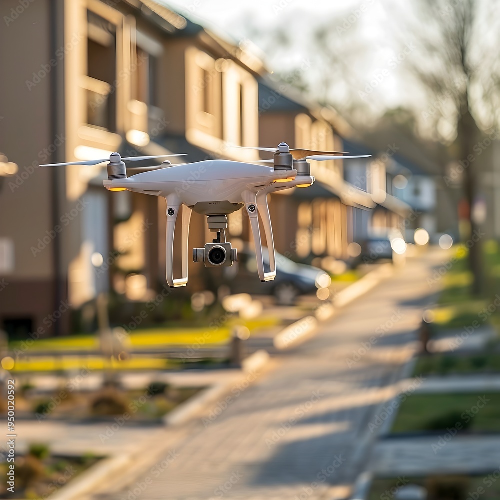 Drone Delivering Package in Suburban Neighborhood Representing the Future of Delivery Services Drone Delivering Package in Suburban Neighborhood Representing the Future of Delivery Services