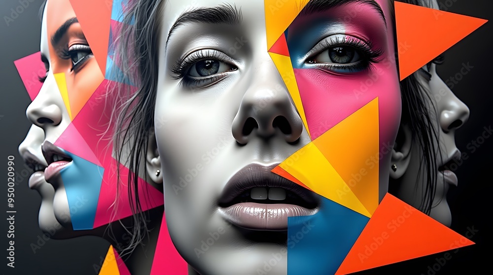 Abstract art showcasing human faces in fragmented geometric shapes and vibrant colors, creating a dynamic visual contrast. Abstract art showcasing human faces in fragmented geometric shapes and vibrant colors, creating a dynamic visual contrast.