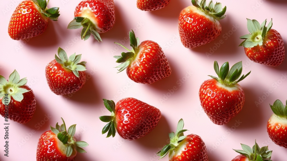 Fresh Red Strawberries Arranged on a Pastel Pink Background, Creating a Vibrant and Delicious Pattern Fresh Red Strawberries Arranged on a Pastel Pink Background, Creating a Vibrant and Delicious Pattern