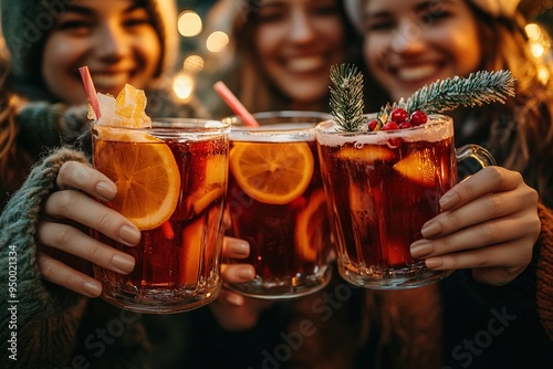 Friends drinking delicious mulled wine at party. Shot of a group of cheerful young friends having fun and enjoying hot drink on the Christmas market at an evening party. Close up