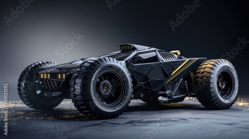 Car with a powerful motor, designed for fast driving. Black car with gold details, a high-performance 4x4 vehicle.