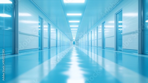 Soft blue-toned hospital corridor, blurred perspective, clean modern interior, fluorescent ceiling lights, reflective floor, sterile atmosphere, empty hallway.