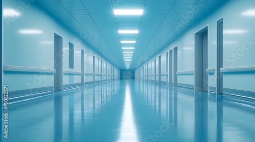 Soft blue-toned hospital corridor, blurred perspective, clean modern interior, fluorescent ceiling lights, reflective floor, sterile atmosphere, empty hallway.