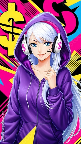 Whitehaired anime girl in purple hoodie, pink headphones, colorful background. Suitable for music and technologythemed designs, book covers, and social media graphics. photo