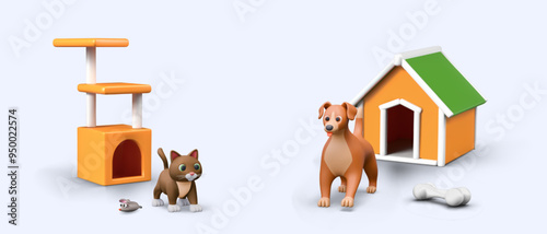 Collection of pets and accessories for them. House and mouse for cat, kennel and bone for dog