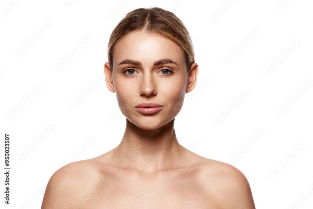 Portrait of beautiful young woman with clear, smooth, spotless complexion, nude makeup isolated on white studio background. Concept of beauty, plastic surgery, face lifting, face building Portrait of beautiful young woman with clear, smooth, spotless complexion, nude makeup isolated on white studio background. Concept of beauty, plastic surgery, face lifting, face building