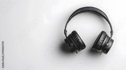 Wireless black headphones on a pure white background, top view, minimalist, studio photography, high contrast, product shot.