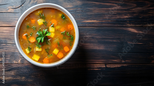 Fresh parsley garnishes a hearty vegetable soup in a white bowl on a rustic wooden table